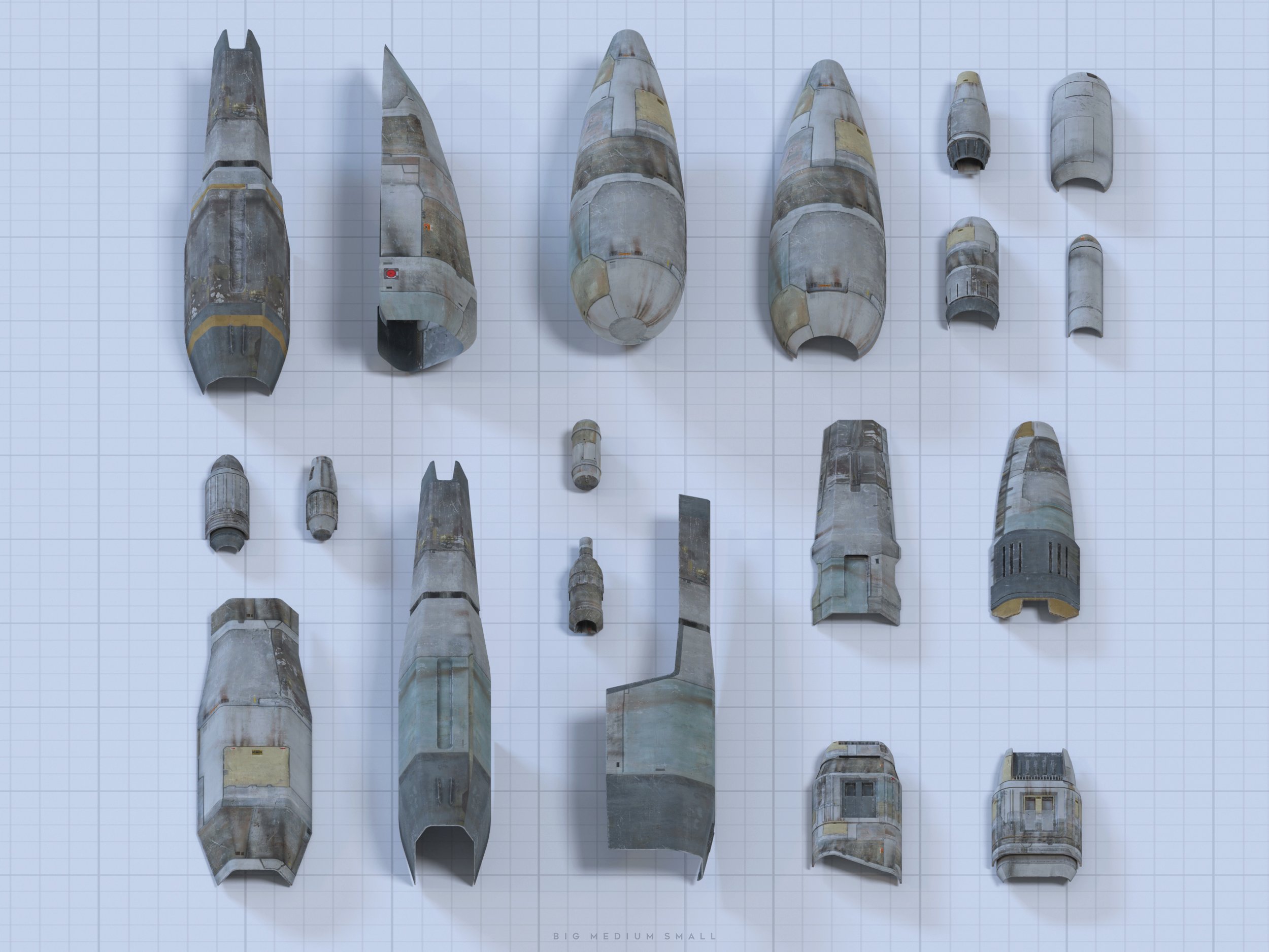 he image shows a collection of 3drendered spaceship parts arranged on a gridded background.  these parts appear to be various sections of a spacecraft, ranging in size from large hull sections to smaller cylindrical components. the parts have a weathered, worn look, suggesting they are from a used or damaged ship.  they are labeled "big, medium, small" at the bottom, indicating different sizes. the overall style suggests a science fiction setting. the image looks like a blueprint or parts list for assembling a model spaceship.