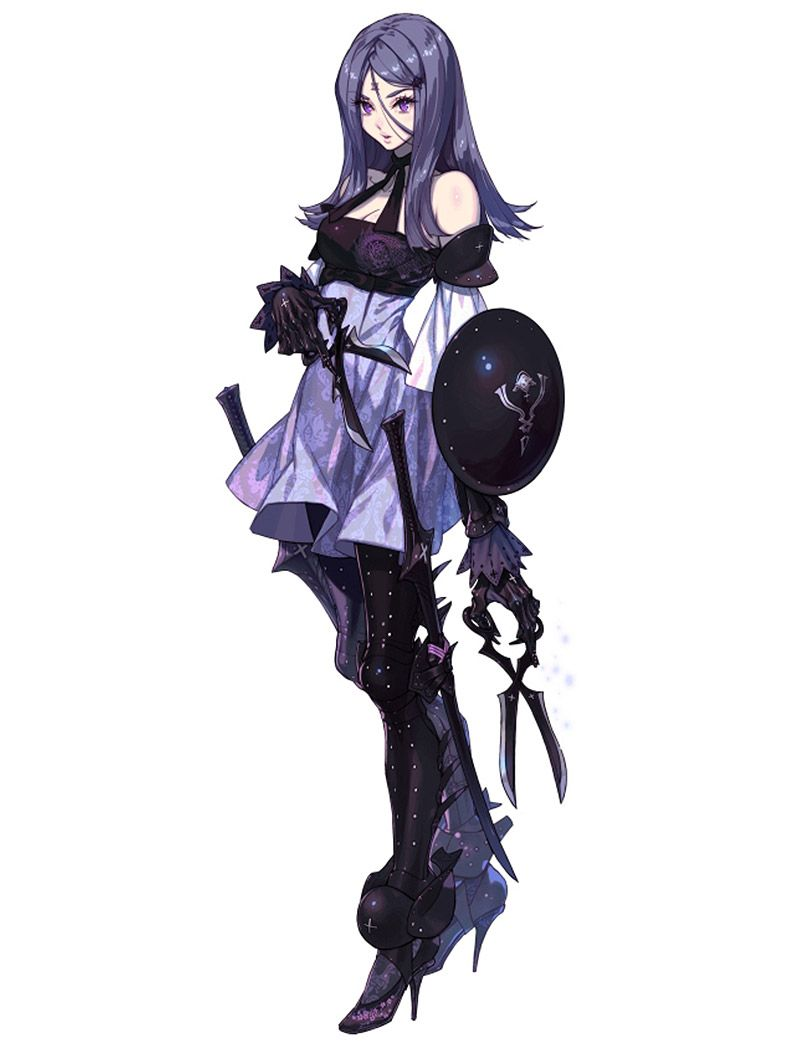 the image showcases a female character, likely a warrior or fighter, meticulously rendered in a digital art style reminiscent of fantasy video games or concept art. she stands poised, wielding a sword and shield, adorned in detailed armor with a predominantly purple and black color scheme. her attire, a blend of feminine and battleready elements, features a flowing dress, thighhigh boots, and intricate metalwork accents. the backdrop is a clean white, drawing focus solely to the character.