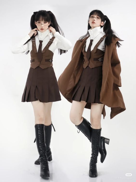 two girls are wearing similar outfits, one with a coat and the other without. they are both wearing brown skirts, vests, and white shirts with black ties. they are both wearing black boots. they are standing in front of a white background. the girl on the left has her hair in two pigtails and is not wearing a coat. the girl on the right has her hair in two pigtails and is wearing a brown coat.  they both have glasses.