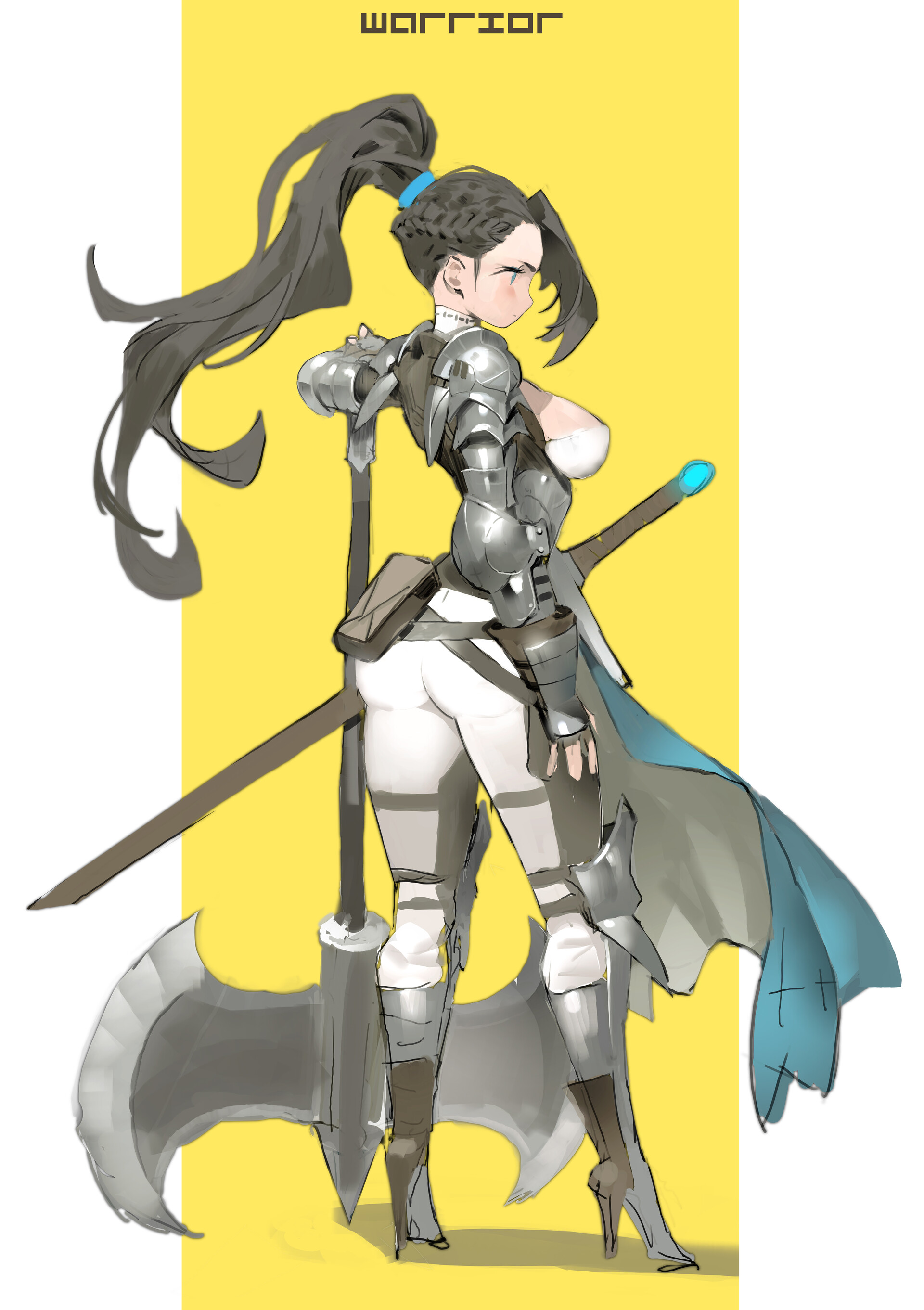 a digital illustration depicts a female warrior standing in a side view. she has a ponytail held with a blue band, and she wears silver armor over white clothing. she carries a large battle axe behind her and a sword. a light blue cape drapes from her side. the background is a solid yellow color. the word "warrior" is written in a digital font at the top.