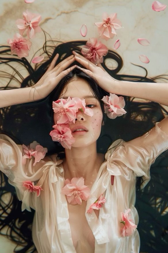 an overhead shot of a young woman with long dark hair submerged in water. her body is covered with pink flowers, mostly covering her eyes and upper body. she is wearing a sheer, light beige blouse.  the setting is a bath or a similar body of water. the overall mood is serene and romantic. the image has a soft, dreamy, artistic quality.