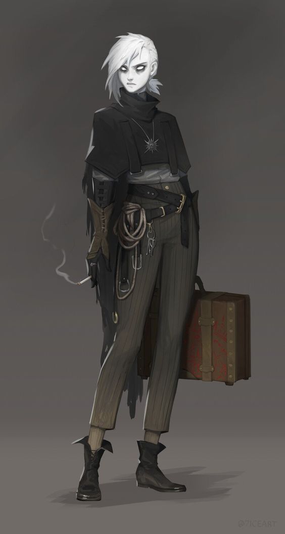 a full body illustration of a female character with pale skin and white hair, standing in front of a solid gray background. she wears dark, westerninspired clothing, including a long coat and a widebrimmed hat. she is holding a brown suitcase in her left hand. the image has a dark and moody atmosphere, with dramatic lighting that highlights the character's features.