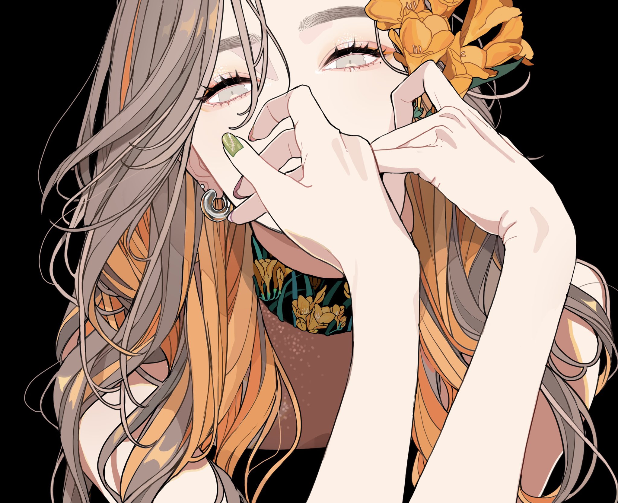 a drawing of a woman in anime style with long, flowing gray and orange hair. she has gray eyes and is holding orange flowers near her face. she has green nail polish on one finger and is wearing an earring. the background is black.