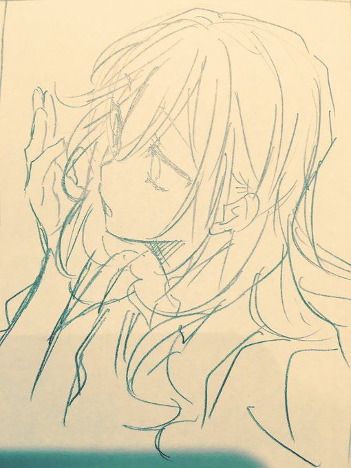 a black and white sketch of a young woman with long hair. she has a thoughtful expression and is touching her chin with one hand. she appears to be wearing a collared shirt.  the drawing style is reminiscent of anime and manga.