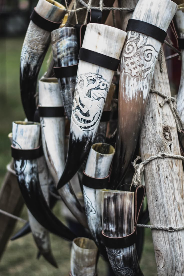 a closeup photograph shows a collection of engraved drinking horns, a common sight at historical reenactments or medievalthemed events. the horns, made of animal horns, are adorned with intricate engravings. each horn is fitted with a leather strap, suggesting they are replicas of viking or medieval vessels. the rustic display adds to the historical atmosphere, evoking a sense of ceremonial use and tradition.