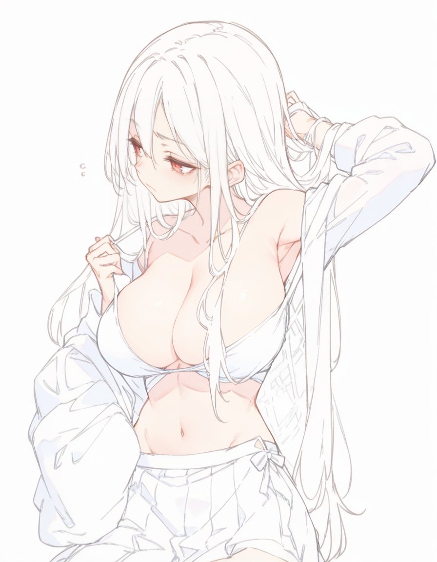 the image is a digital drawing in a soft, pastel anime style. it depicts a young woman with long, straight white hair. she is partially dressed in a loose white shirt and white shorts. her bra is visible. her expression is soft and slightly shy. the overall aesthetic is light, delicate and suggestive. the artist utilizes soft lines and pale colors to create a dreamy atmosphere. the woman is posing with one hand holding her hair while the other gently holds the shirt.
