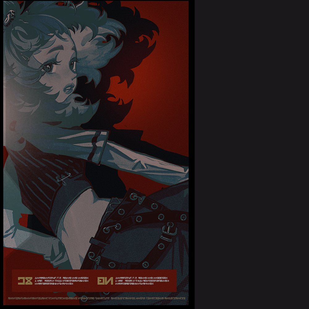 the image is a stylized digital painting or illustration of an animestyle girl. she possesses short, curly hair and is dressed in dark, punkinspired clothing featuring belts and buckles.  the color palette is predominantly dark, with a striking red background that contrasts sharply with the character's greyishblue tones.  the lighting is dramatic, with strong shadows creating a mood of intensity and mystery. the art style is reminiscent of both anime and cyberpunk aesthetics.  the girl's expression is serious and somewhat intense.  there is text at the bottom, possibly artist credits or other information. the overall style is modern and visually striking.