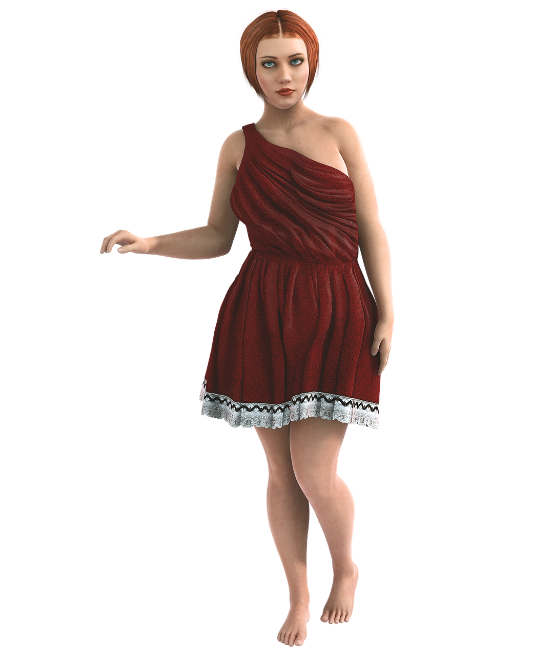 a digital rendering of a woman with auburn hair wearing a short, oneshoulder red dress with white trim. she is standing barefoot against a black background.