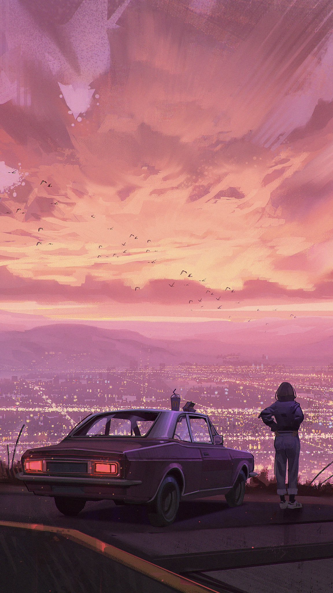 a woman with short hair, wearing jeans and a jacket, stands facing away from the viewer. she is standing on a road in front of a vintage car, looking out over a city at sunset. the sky is streaked with pink and purple, and the city lights are twinkling below. birds are flying in the distance. the overall aesthetic is peaceful and melancholic.