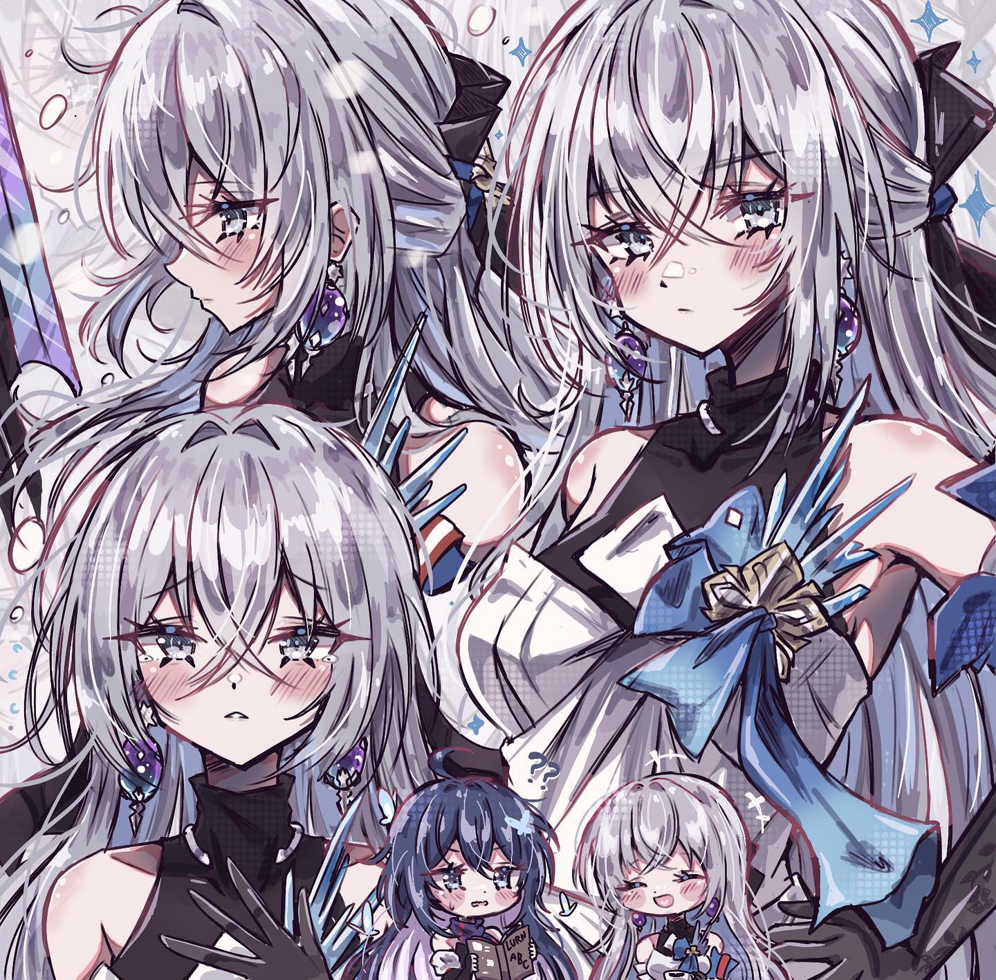 the image is a digital drawing featuring multiple depictions of the same anime girl character. the main focus is on variations of a girl with long, gray hair, blue eyes, and a somewhat sad or melancholic expression. she is shown in different poses, with some variations in her clothing and overall appearance. in the foreground, there are smaller, chibilike versions of the same girl and another character. there's a combination of detailed elements, such as the clothing and hair, and simpler style elements, like the chibi figures. the overall mood of the image is slightly somber and introspective, with the repeated character emphasizing a possible narrative or emotional state.
