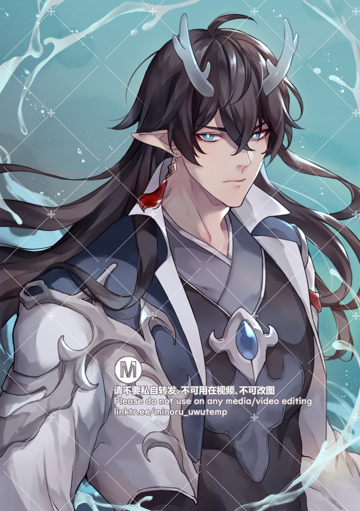 a young anime boy with blue hair and horns is wearing a white outfit. he is standing in front of a blue background with water effects around him.