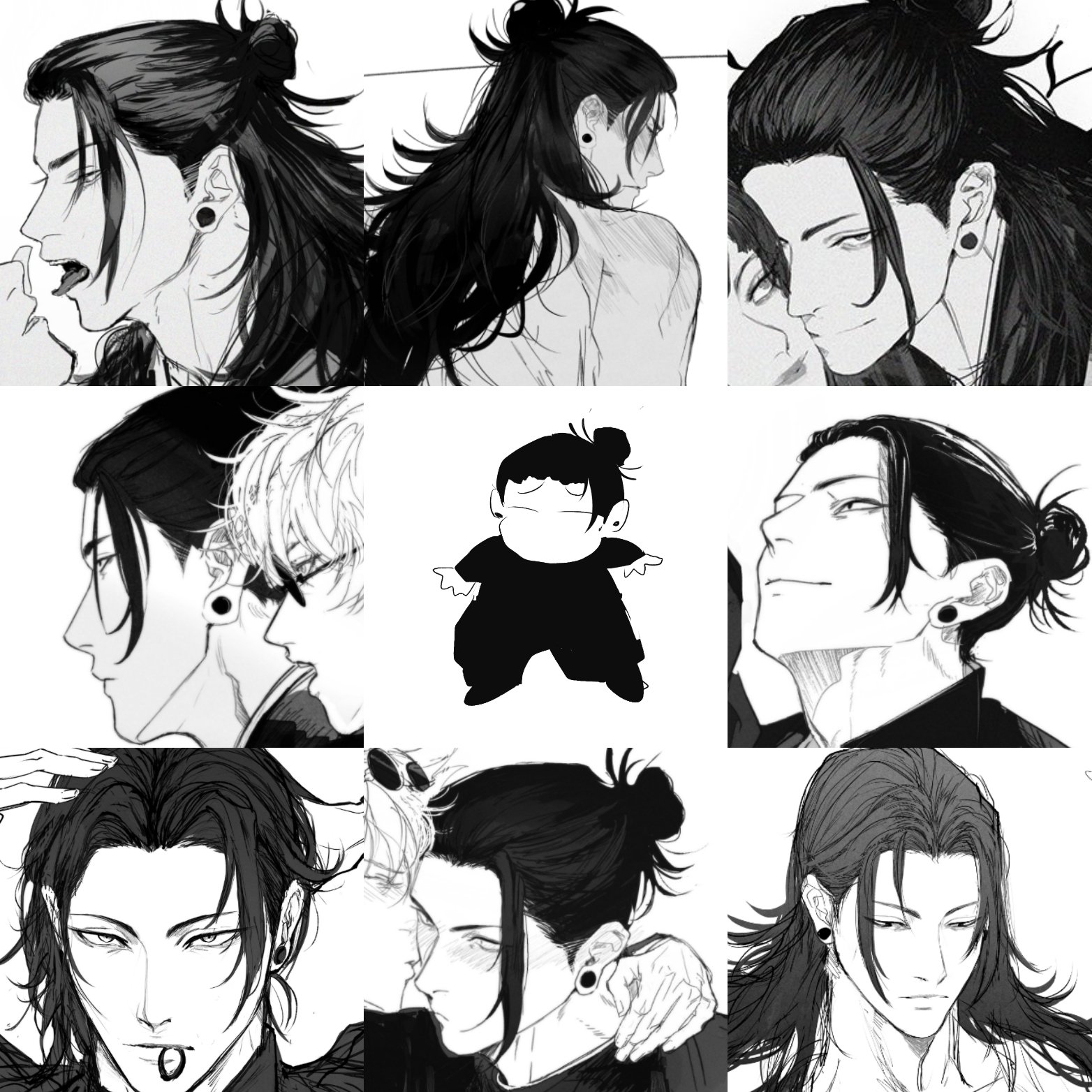 a black and white collage of nine images featuring anime/manga male characters, all with various expressions and hairstyles. each character has a man bun and is drawn in a stylish and detailed manner. they look cool and handsome. the overall theme is related to anime or manga art.