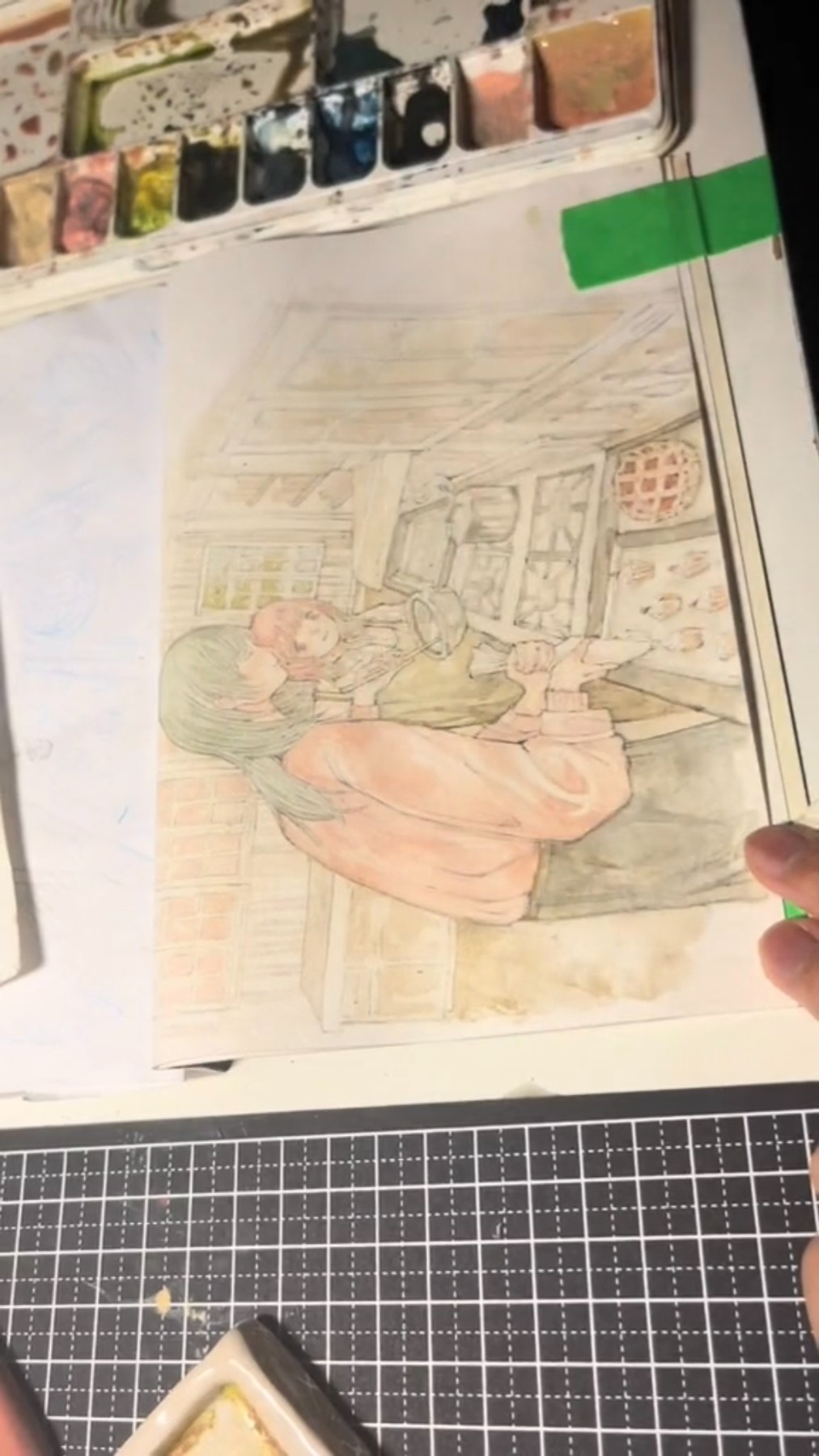 this is a watercolor illustration of a woman and child looking at a store window display. the style is light and airy, with soft colors and delicate lines. the scene evokes a sense of nostalgia and warmth.