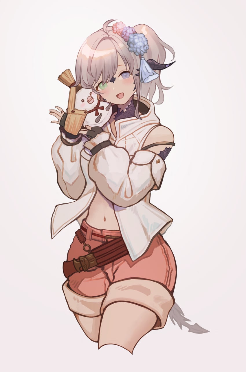 the image is a digital illustration of a young woman, likely a character from the game genshin impact, named yae miko.  she has long, light pink hair with streaks of white, green and purple eyes, and fox ears and a tail. she's wearing a white, loosefitting top that exposes her midriff, paired with pale peach shorts and thighhigh boots.  she's holding a small, traditional japanese decoration featuring a snowmanlike figure, suggesting a festive occasion. the drawing style is typical of anime and manga, with large eyes, a small nose, and a focus on cute details. the color palette is soft and warm, with a focus on pastel pinks, creams, and browns.