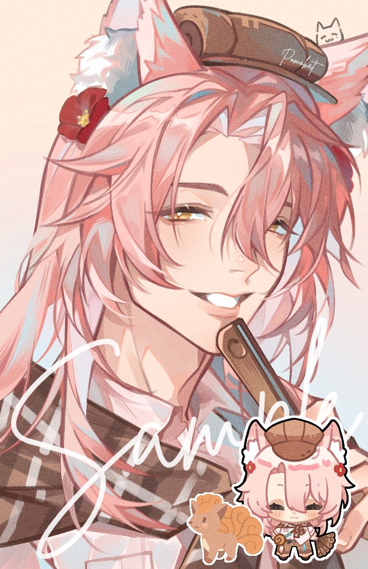 the image features a cute anime boy character with pink hair and fox ears. he is wearing a brown hat and a white shirt with brown checkered patterns. he is smiling happily and holding a wooden comb in his right hand. the background is a light pink with clouds and a small white cat with a pink nose and paw pads in the upper right corner. in the bottom right corner is a chibi version of the boy with the same features.