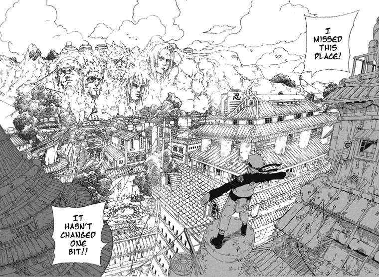 a black and white manga panel depicts naruto uzumaki standing on a rooftop, overlooking a vast cityscape nestled amidst mountains. the iconic carved faces of the hokage are prominently displayed on the mountainside. naruto expresses his sentiment, "i missed this place!" and "it hasn't changed one bit!!", conveying a sense of homecoming and nostalgia. the highcontrast lighting emphasizes the details of the bustling cityscape and the emotive weight of naruto's return. the aerial perspective highlights the grand scale of the village and emphasizes naruto's contemplative stance.