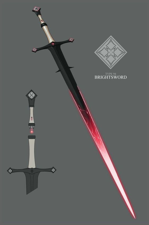 the image showcases a digitally illustrated "brightsword" classified as "type 94". it features a sleek, doubleedged blade with a black core transitioning to a vibrant pink towards the tip, suggesting an energy flow. the hilt is silver with intricate details and black accents, sporting four glowing pink gems. a diagram beside the sword illustrates its construction, with the hilt seemingly detachable for potential modifications or energy source replacement. the background is a simple, neutral gray, highlighting the sword's design.