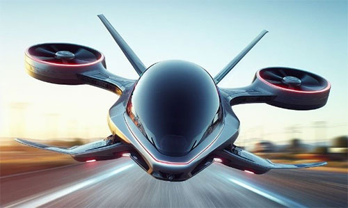 a futuristic flying car, resembling a drone, is flying at high speed over a road. the aircraft is sleek and silver with red accents. the vehicle is seen from a low angle, and it appears to be moving forward with great speed.
