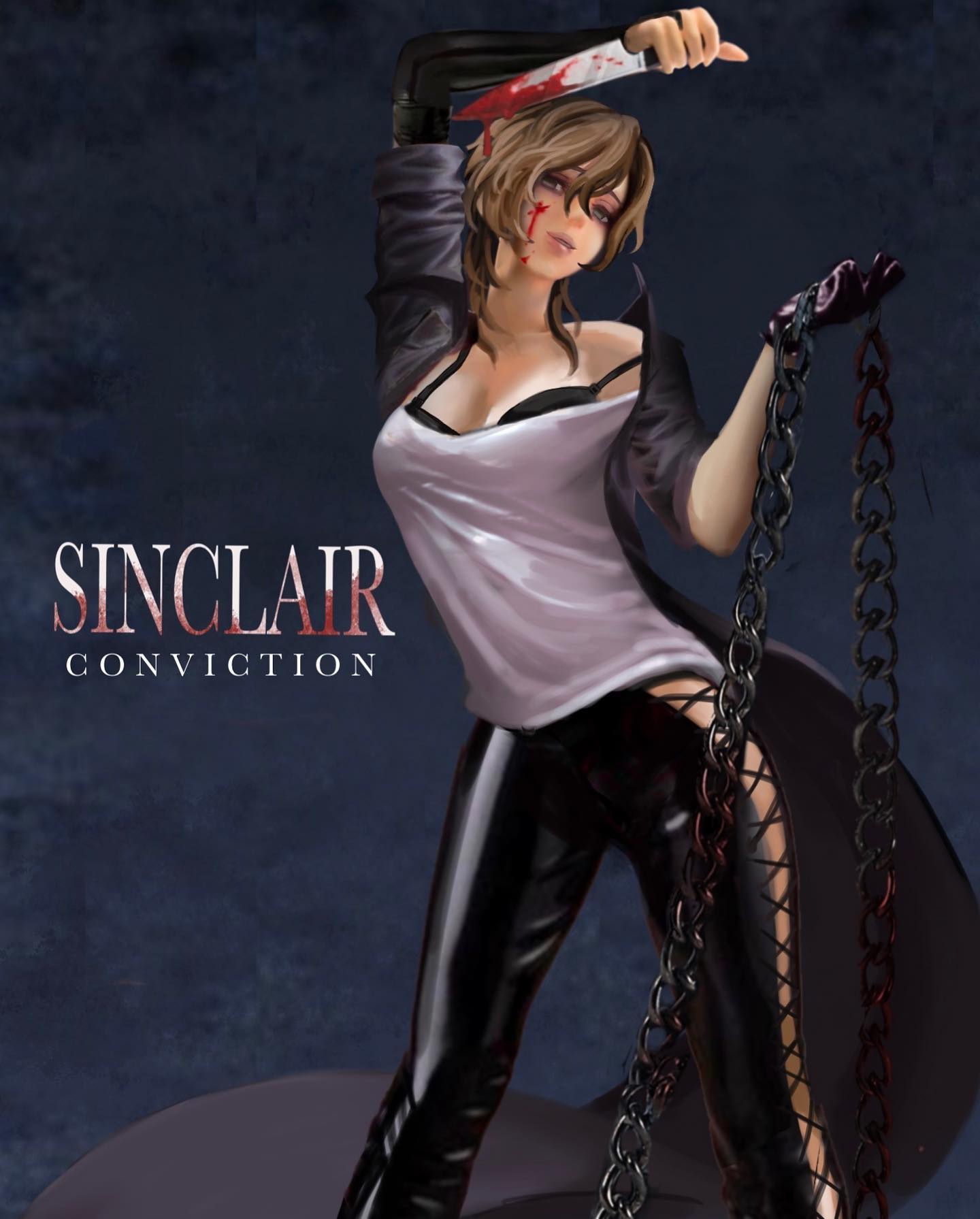this is a digital illustration of a female anime character with black hair and red blood on her face, she's wearing a white shirt and black pants, holding a knife and chains in her hands. she's staring at the camera, looking dangerous and mysterious. the background is a dark blue. "sinclair convicted" is written in the upper left corner in white.