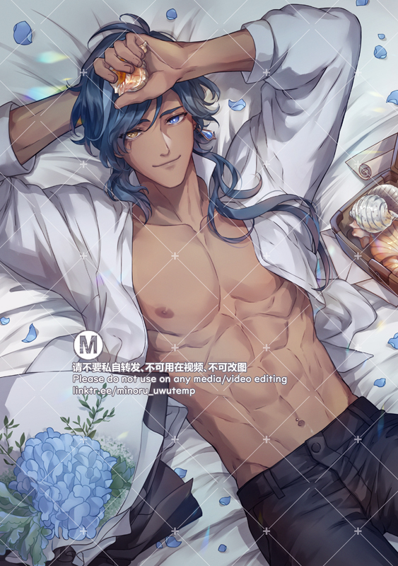 a closeup image of an anime boy lying on his side in a bed with a white blanket. he is wearing a white shirt and black pants, and has a toned physique with visible abs. he has long blue hair that is flowing over his shoulders. he is looking off to the side, and there are blue flowers and a white pillow visible in the image. the scene is set in a bedroom with a white blanket. the boy looks calm and relaxed.