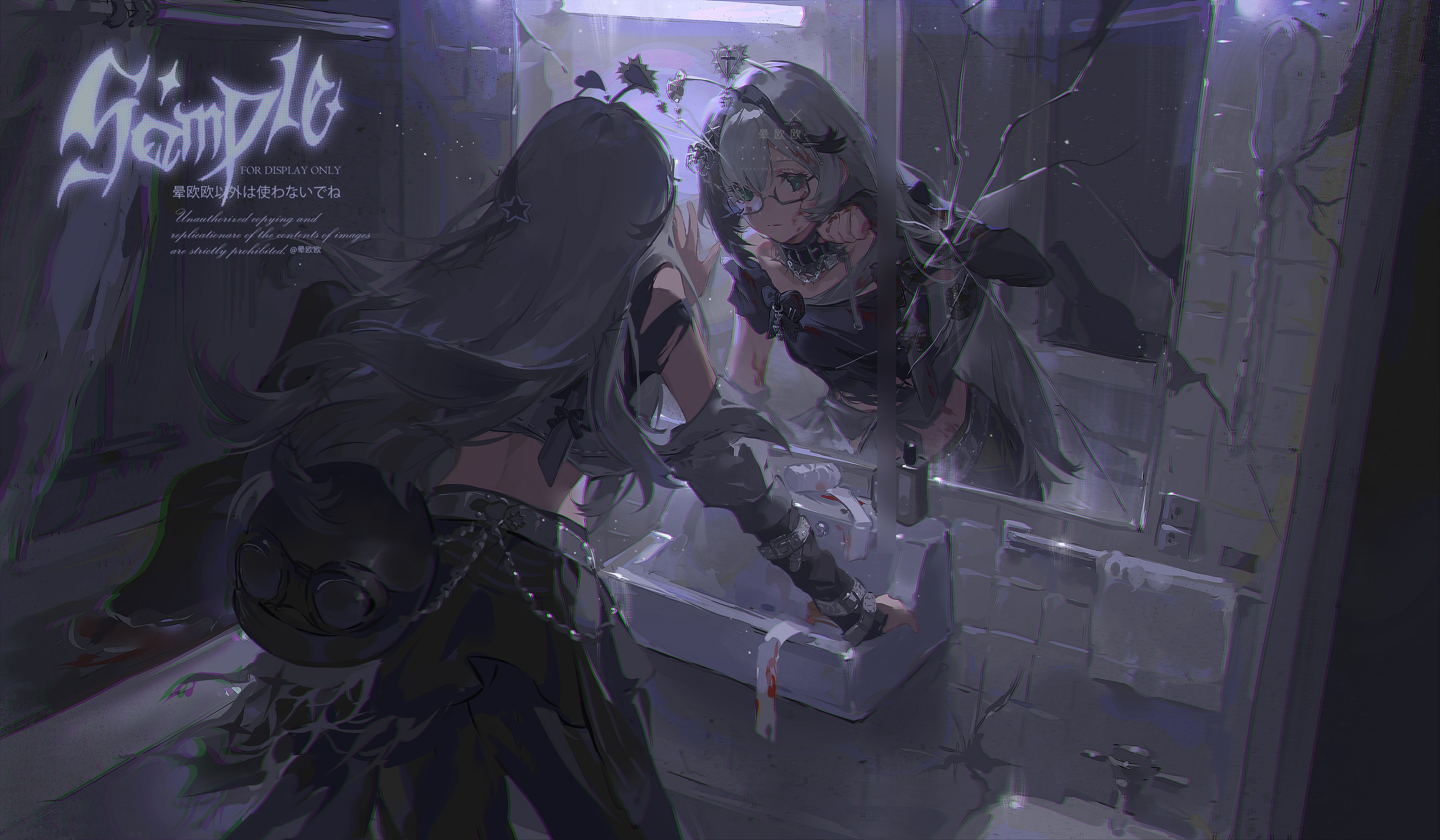 he image is a dark, stylized anime artwork depicting a girl with long dark hair and dark clothing standing in front of a broken mirror in a dilapidated bathroom.  her reflection in the mirror shows a similar figure, but with visible blood or markings on her face.  the overall atmosphere is dark, gothic, and slightly disturbing, with a grunge or cyberpunk aesthetic.  the text on the image indicates that it is a sample image and that unauthorized copying is prohibited. the style is painterly and loose, suggestive of digital painting.