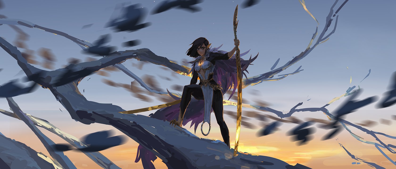 the artwork depicts a fantasy female warrior, possibly an elf, with dark hair, standing on the branches of a tree against a sunset background.  she wears a purple cloak and a white and purple outfit, and holds a golden staff.  many dark birds are blurred in motion around her, suggesting a windy atmosphere. the style is painterly and dramatic, with strong use of light and shadow. the overall mood is one of power and mystery.