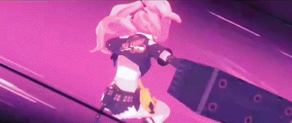 a pink haired anime girl in a blue and black outfit is in a dynamic pose, as if in the middle of an attack. her hair is windblown as she swings a large, black and blue weapon. the background is a blur of pink and purple.