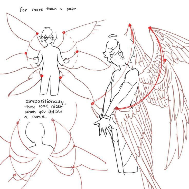 the image is an art tutorial demonstrating how to draw multiple wings on a character.  it shows two examples: one with multiple wings radiating from the character's back in a more symmetrical arrangement, and another with a more dynamic, asymmetrical arrangement of wings. red lines are used to show the underlying structure and curves that create a more aesthetically pleasing composition when drawing multiple wings.  the text provides instructions on creating more visually appealing wing arrangements by following curves.  the figures are stylized and somewhat simplistic in design, focusing on the wing structures.