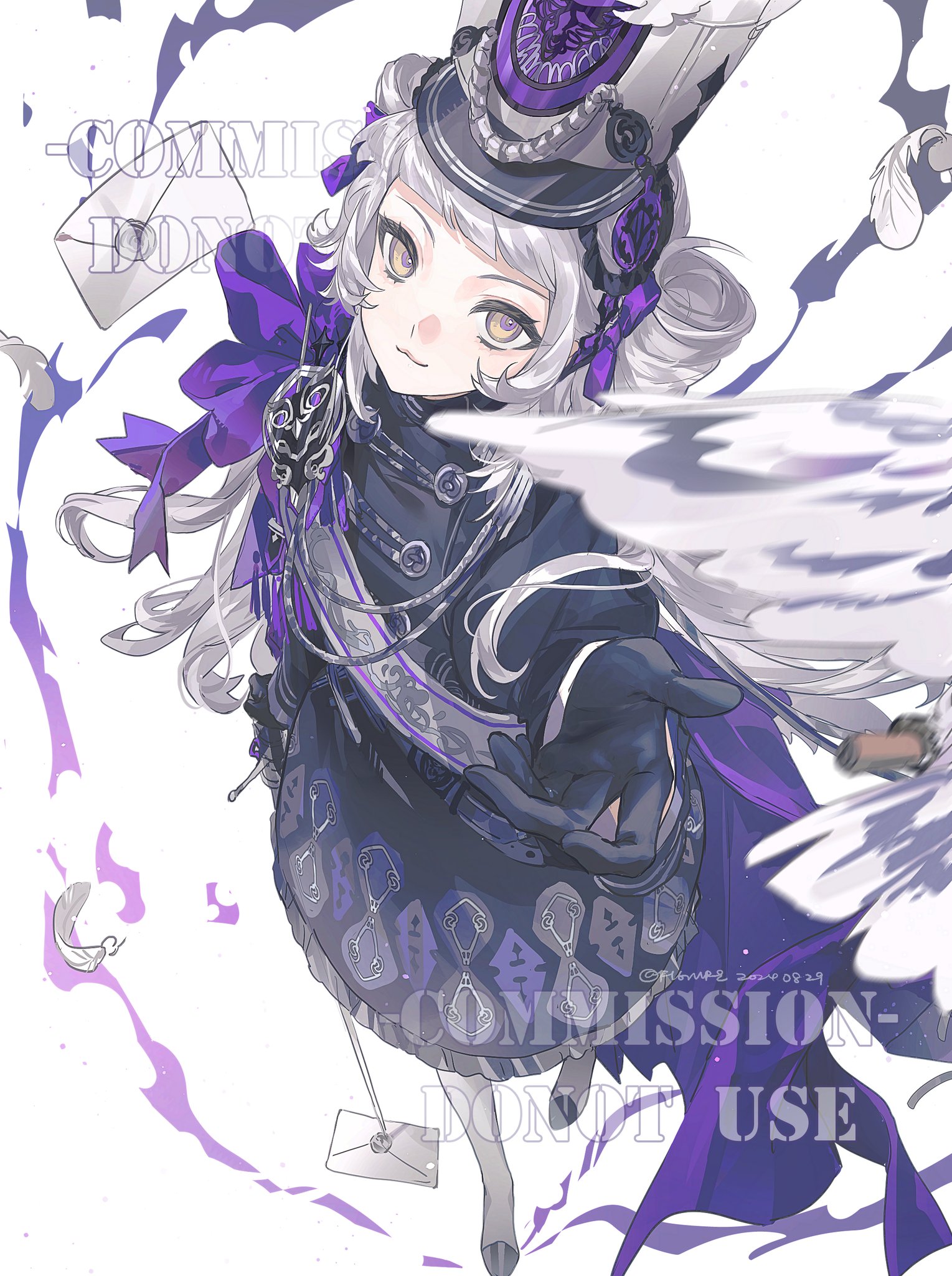 a digital illustration of an anime girl with white hair and yellow eyes. she is wearing a black and purple uniform with a hat adorned with a purple bow. she's pointing towards the viewer with her left hand. the artwork includes stylized feathers and envelopes, with the text "commission  do not use" overlaid on the image.