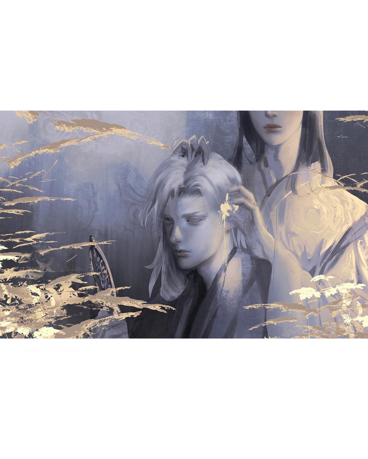the image is an animestyle illustration of two figures in a magical forest setting. the figures are a young man and woman with long white and dark hair, respectively. the man is wearing a long black cloak, while the woman is wearing a white robe. the woman is gently touching the man's hair, and the man is looking down at the ground. there are white flowers in the woman's hair and surrounding the figures. the background is a blur of blue, purple, and gold, suggesting a magical or mystical atmosphere. the light in the image is soft and ethereal, casting a warm glow on the characters and their surroundings.  the artwork is filled with delicate details and a sense of romance and mystery.