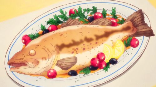 an animation style image shows a fish cooked and plated on a white plate that is outlined in blue lines with a yellow background. there are garnishes of lemon slices, red berries, black olives, and parsley on the plate.