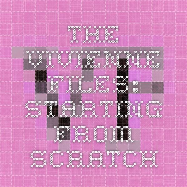 the image is a crossstitch design featuring the text "the vivienne files: starting from scratch" on a pink background. the text is rendered in a crossstitch font, and the background is a light pink grid with subtle variations in tone. the overall aesthetic is reminiscent of handmade needlework.