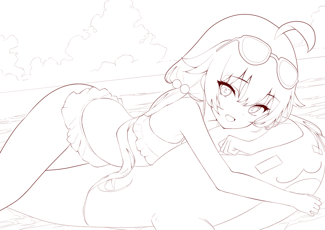 he image is a line drawing of an animestyle girl lying on a float in the ocean. she is wearing a swimsuit, sunglasses, and a hat. the background is a beach scene with clouds and the ocean. the drawing is done in red/brown lines on a white background.