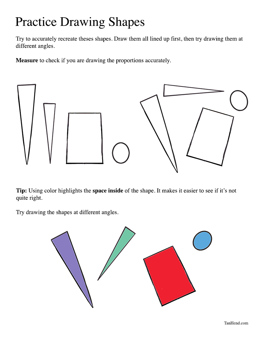 he image is an educational worksheet focused on practicing drawing various geometric shapes. the top section contains instructions, advising users to accurately recreate the provided shapes, first in a linedup formation, then at different angles.  it also suggests measuring to verify the accuracy of proportions.  below are example shapes to be replicated—triangles, squares, rectangles, and circles. a tip is included, recommending the use of color highlights inside the shapes to better assess accuracy. a second set of shapes, now scattered at various angles, shows an example of the desired outcome. the worksheet aims to improve drawing skills and understanding of geometric shapes and their proportions.