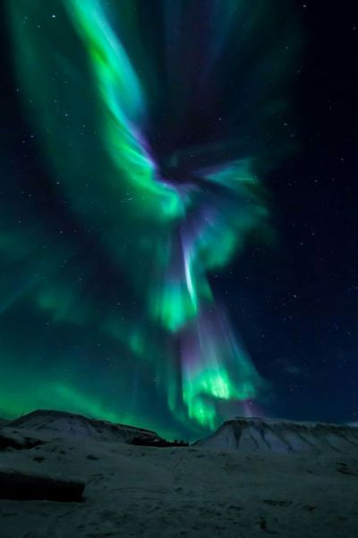 this breathtaking image captures the ethereal beauty of the aurora borealis, also known as the northern lights. the vibrant green, blue, and purple hues of the aurora dance across the night sky, creating a mesmerizing spectacle of light and color. the aurora is visible in a dark, starry sky, framed by a snowcovered landscape. the scene is a testament to the natural wonders that exist on earth, showcasing the power and beauty of the cosmos.