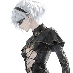 this is a digital drawing of a young woman with short, white hair, partially obscured by a black blindfold. she is wearing a detailed, black, somewhat revealing outfit with gold trim. the background is entirely white, focusing the attention solely on the character. the overall style is reminiscent of anime and video game concept art.