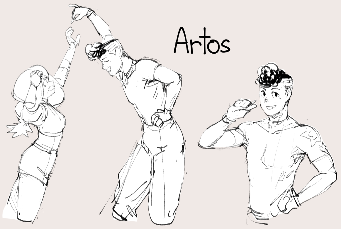 this is a line art sketch of three characters. there are two males and one female. the one on the left is a female, and the two on the right are males. all three are standing in different poses. there are a few different art styles apparent, some are more realistic than others.  all are drawn in black pen on a light grey background.