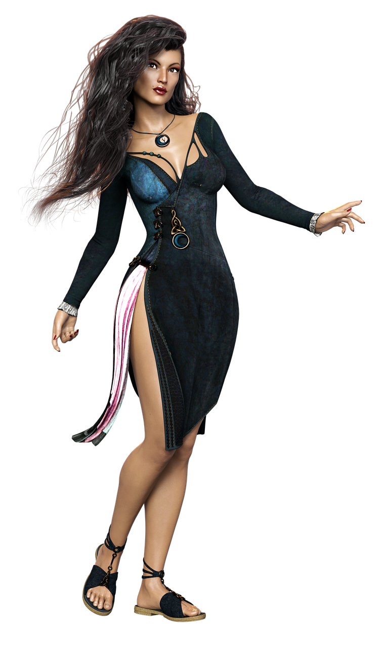 a digital art image depicts a woman with long, flowing dark hair wearing a dark blue dress with a high slit. she is also wearing sandals and jewelry. the background is black.