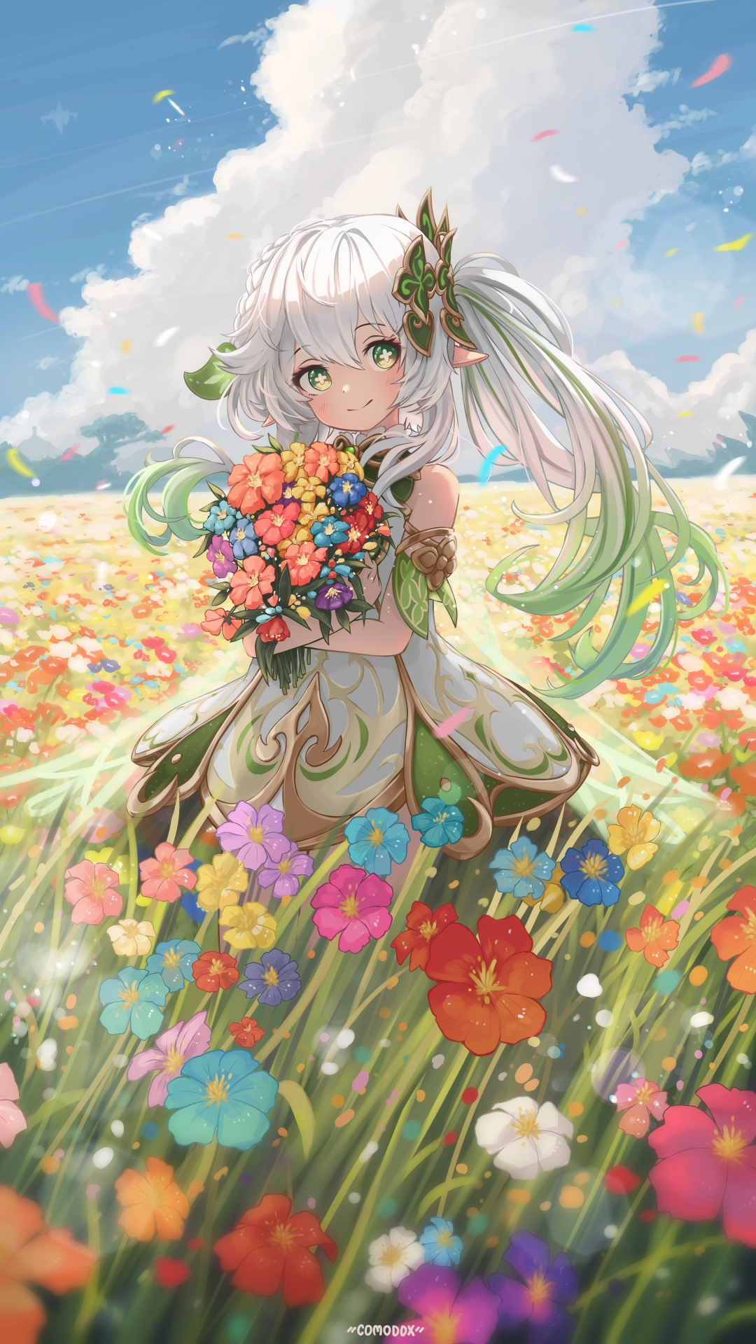 the image is a digital artwork depicting an animestyle girl with long white hair and green eyes, elflike ears, and a green dress adorned with gold accents. she is standing in a vibrant field of colorful flowers, holding a large bouquet of similar flowers. the setting appears sunny and summery, with a clear blue sky and fluffy white clouds in the background. the overall style is whimsical and magical, evoking a sense of happiness and carefree joy.  the girl's expression is pleasant and cheerful. the art style is detailed and highly polished.