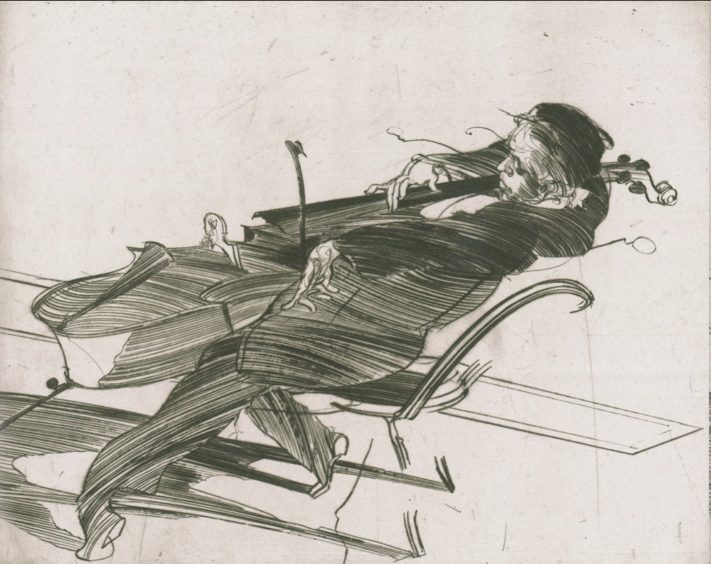the image is a black and white sketch of a man playing the cello. the man is wearing a suit and is sitting down with the cello between his legs. the cello is pointing to the left and the man is looking down at the instrument. the background is blank.