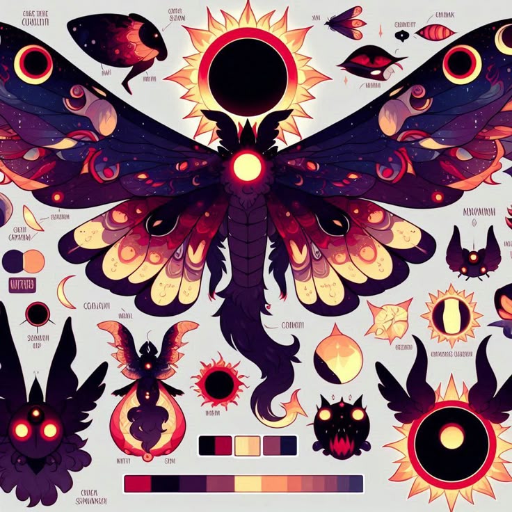 the image features an illustration of a large moth with celestial and cosmic elements integrated into its design. the moth's wings resemble a night sky with stars and nebulae, and they are adorned with patterns that evoke solar and lunar eclipses. a sunlike object with a black circle at its center sits above the moth's head, while similar eclipse designs are scattered around the image. several smaller illustrations of moths, celestial objects, and design elements are included, accompanied by color swatches that seem to represent the image's color palette. the artwork appears to be a concept design or a reference sheet for a fantasy creature with cosmic themes.