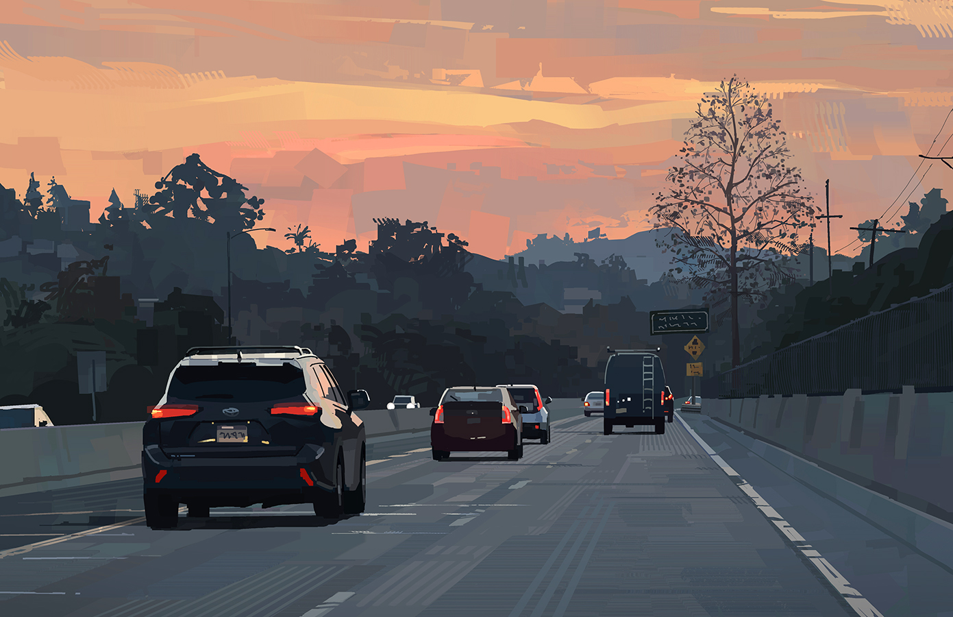 a highway with moderate traffic during sunset. the sun is setting in the distance, casting a warm glow over the sky and the surrounding trees. the cars are driving on the right side of the road, and the perspective is from above, giving a bird'seye view of the scene.