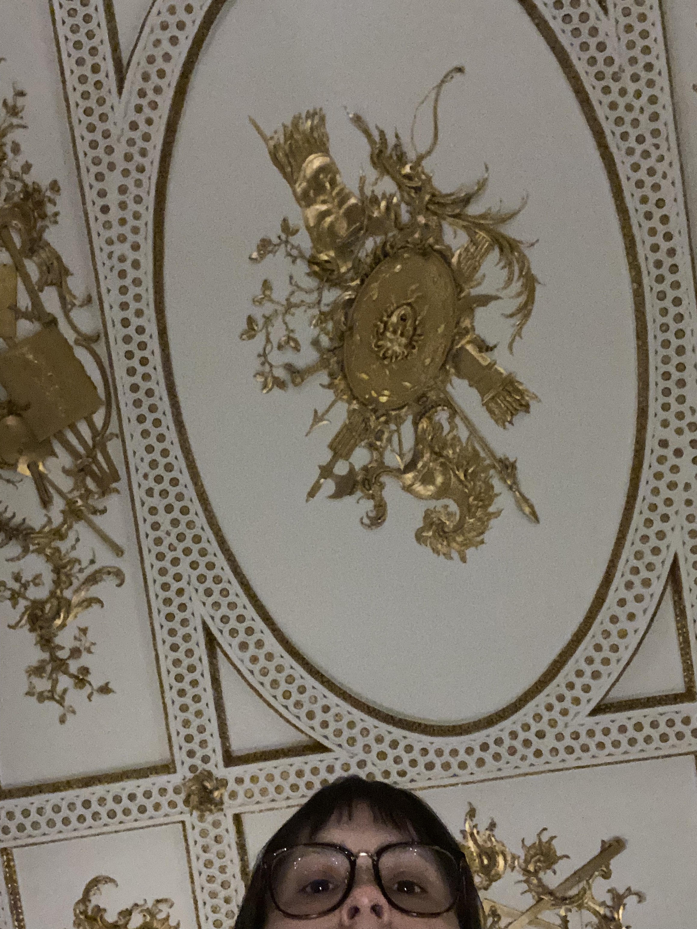 a woman with glasses is looking up at an ornate ceiling. the ceiling is white with gold decorations, including oval medallions and intricate patterns. the woman is in the foreground, partially obscuring the view of the ceiling.