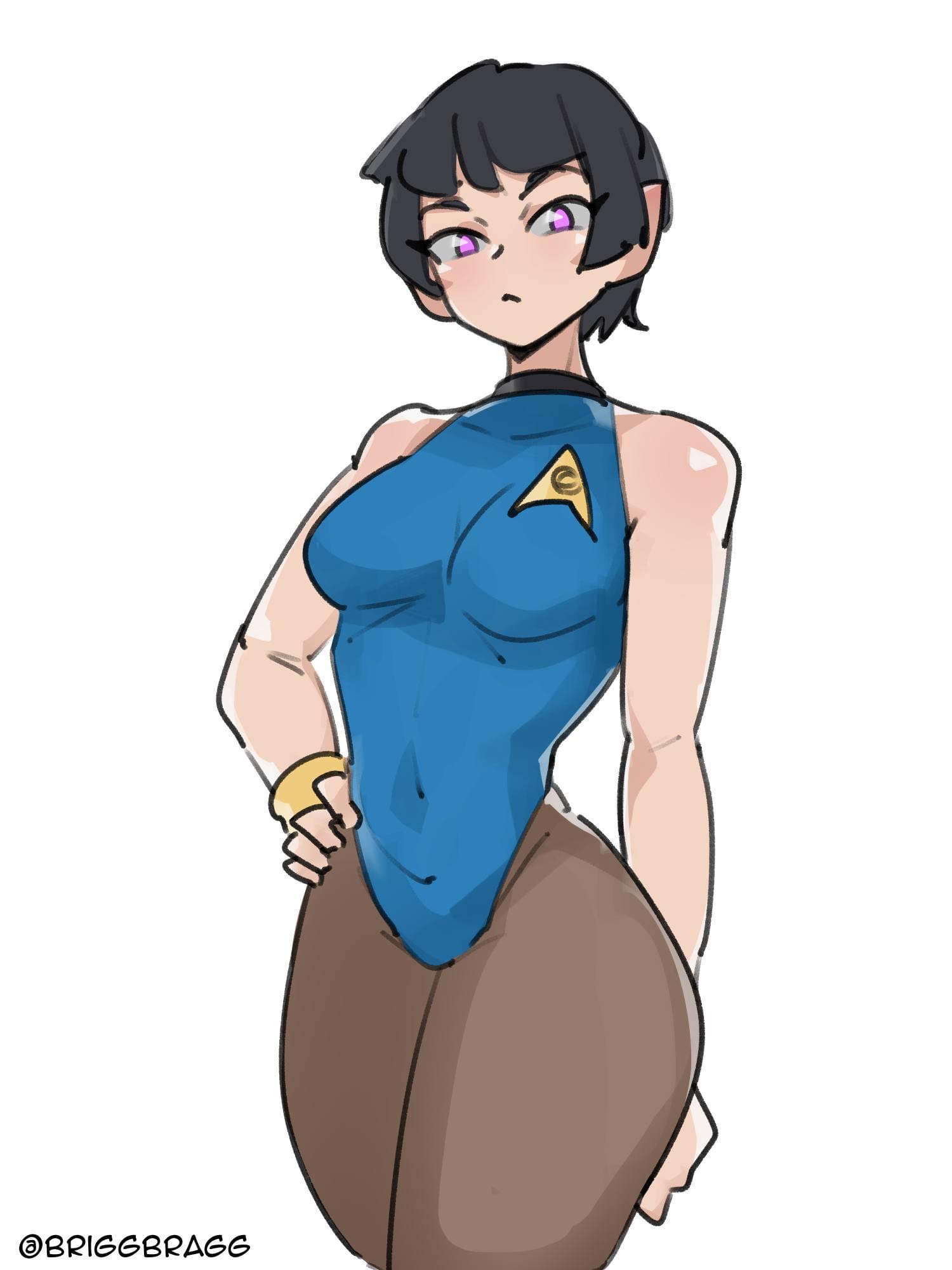 the image is a digital drawing of an animestyle female character. she has short black hair, purple eyes, and a strong, muscular build. she's wearing a blue starfleetinspired bodysuit and brown leggings. her pose is confident and slightly suggestive. the art style is cartoonish but with a focus on detailed anatomy and shading.  the background is plain white.  the artist's signature "@briggbbragg" is visible in the bottom left corner.