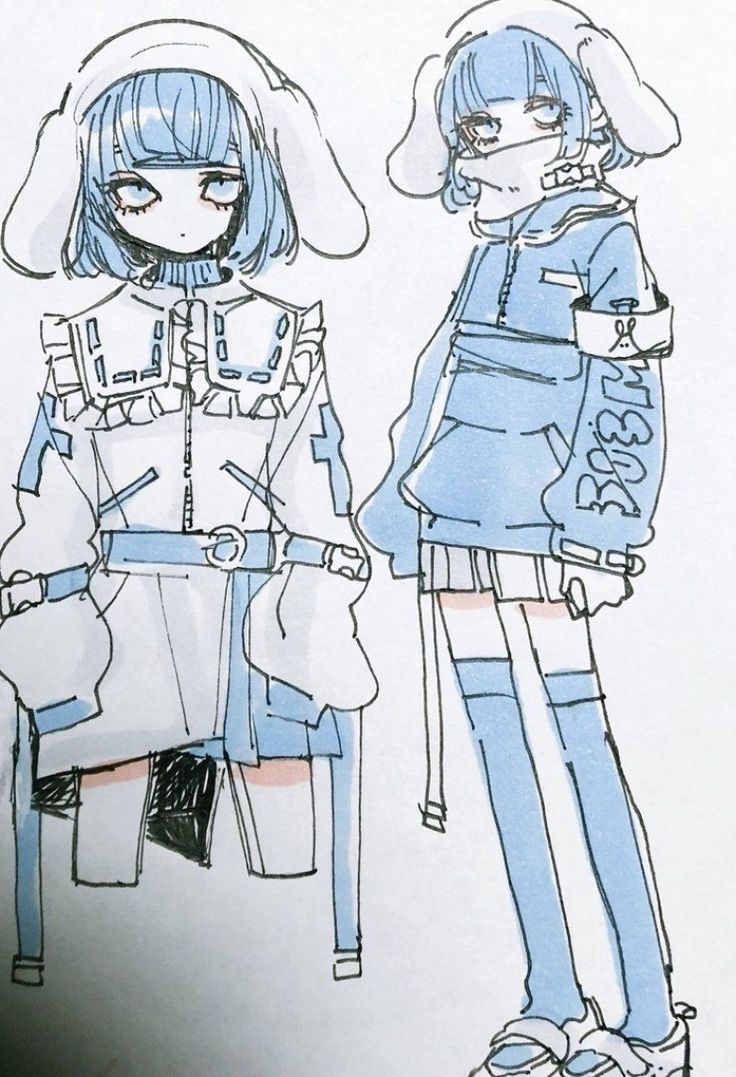 this is a digital drawing of two anime girls in cute outfits. the girl on the left is wearing a white jacket with a blue collar and a blue belt over a white shirt. she has long blue hair and a white hood with ears on her head. the girl on the right is wearing a blue jacket with white writing, white pants, and blue socks. she also has long blue hair, but hers is pulled back into a ponytail, with white ears on her head. both girls have the same facial features and are wearing a face mask.