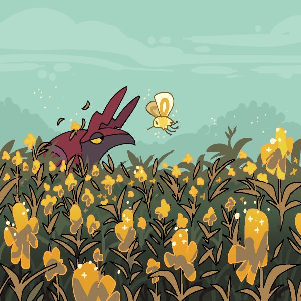 the illustration depicts a stylized cartoon bird, predominantly red and dark purple, perched low in a field of vibrant yellow flowers. the bird has a distinct, slightly menacing expression.  a small, yellow butterfly or moth floats in the air above and slightly to the right of the bird. the background shows a simple, pastelcolored landscape with a hazy sky and distant vegetation. the overall style is whimsical and flat, with bold outlines and relatively simple shading. the scene evokes a feeling of calmness and perhaps a hint of mystery.
