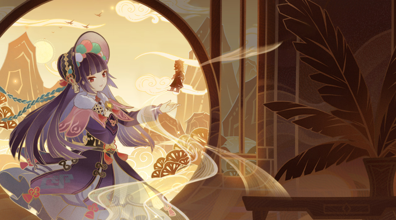 the image is a digital art piece depicting a young woman dressed in traditional chinese clothing, with long purple hair and a flowerpatterned hat. she is standing in front of a window, looking out at a distant mountain range and a beautiful, sunlit landscape. the background is a mixture of soft colors, clouds, and glowing lights, creating a magical and dreamy atmosphere. the woman's expression is gentle and her posture is graceful, suggesting a sense of serenity and peace. the artwork uses a mix of realistic and stylized elements, resulting in a beautiful and visually appealing image.