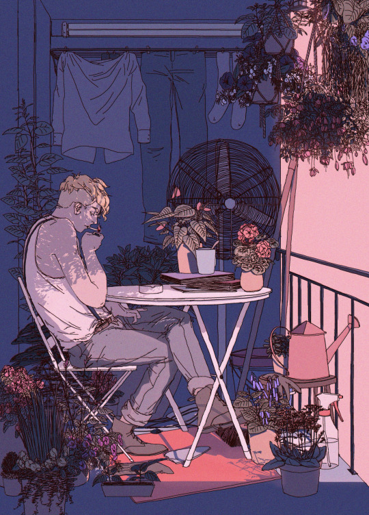 a blond man sits on a balcony filled with plants and flowers, enjoying a moment of peace at sunset. he's wearing a white tank top and jeans, his hair tousled. he holds a cigarette in one hand, his other hand resting on a table with a book and a cup. the setting sun casts long shadows across the scene, creating a warm and inviting atmosphere.