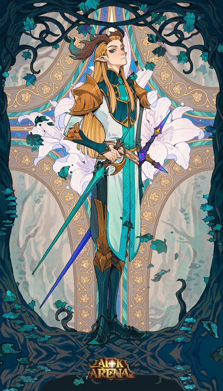 the image showcases a male elf, depicted as a warrior, standing within a mystical forest setting.  he is clad in ornate armor, a blend of gold and teal, and holds a doubleedged sword. lilies frame him, adding to the ethereal atmosphere. this illustration, rendered in a style reminiscent of fantasy art, is promotional material for the mobile game "afk arena".