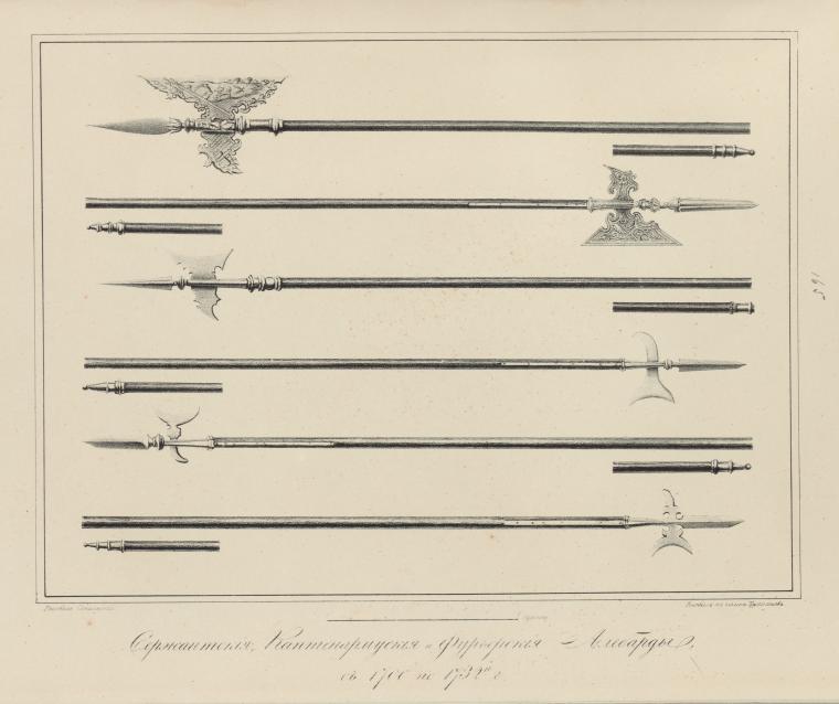 the image is an antique engraving featuring various polearms, likely dating back to the 18th century. the engraving showcases a collection of halberds, spears, and other bladed weapons mounted on long shafts. these weapons are meticulously illustrated, demonstrating their distinct designs, including ornate decorations on some pieces. the historical context suggests that these were part of a military arsenal or collection, representing historical weaponry of the time.